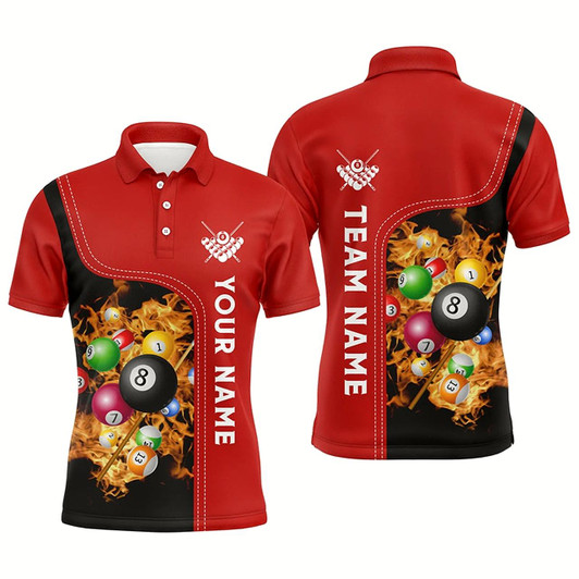 Goofygearprints Personalized Red Fire Pool Balls Billiard Polo Shirts For Men, Custom 3D Billiard Team Jerseys