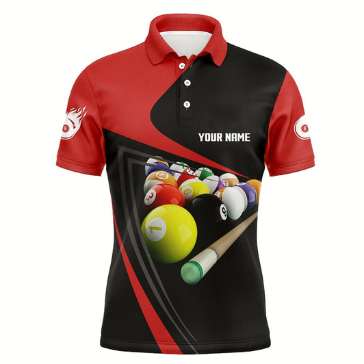 Goofygearprints Personalized Red Black Billiard Balls 3D Polo Shirts For Men, Custom Fire 8 Ball Billiard Jerseys