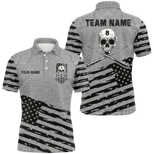 Goofygearprints Personalized Grey Us Flag Skull Billiard Shirts For Men Custom Patriotic Billiard Pool Jerseys