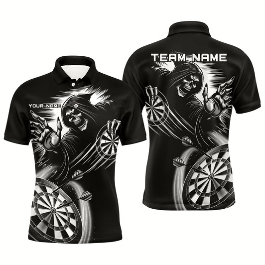 Goofygearprints Personalized Black White Death Skeleton Dart Shirts For Men Custom Scary Dart Jerseys Team Uniform