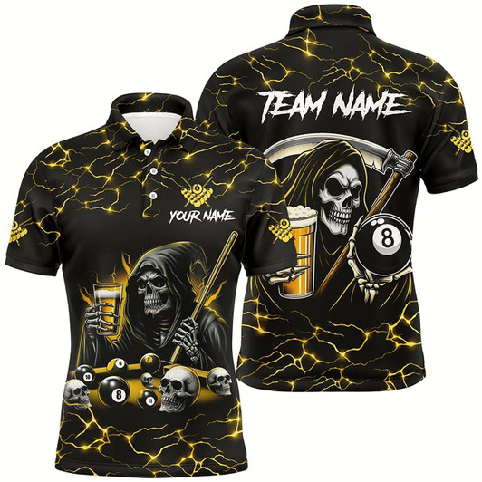 Goofygearprints Yellow Funny Death Skeleton & Beer Billiard Shirts For Men Custom 8 Ball Lightning Billiard Jerseys Style 1