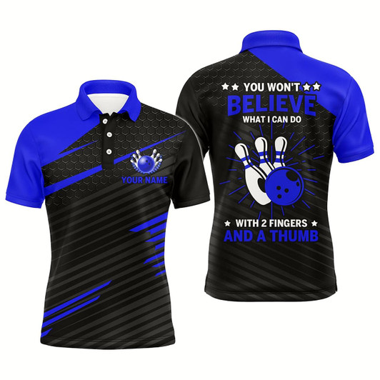 Goofygearprints Funny Bowling Polo Shirt For Men, Blue & Black Custom Bowling Jersey, 2 Fingers And A Thumb