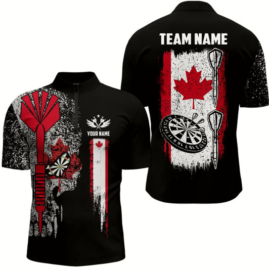 Goofygearprints Canada Flag Skull Darts Quarter Zip Shirt Custom Patriot Darts Shirts For Men Dart Jerseys