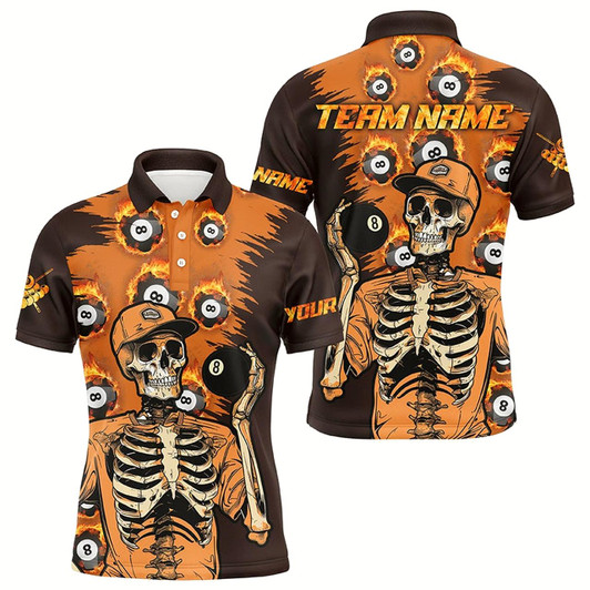Goofygearprints Personalized Orange Funny Skeleton With 8 Ball Pool Men Billiard Shirts, 8 Ball Fire Pool Jerseys