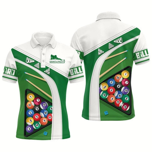 Goofygearprints Personalized Green White Billiard Balls 3D Polo Shirts For Men, Custom 8 Ball Billiards Jerseys Style 1