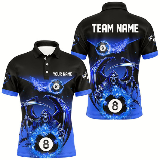Goofygearprints Blue Death Skeleton Flame 8 Ball Pool Billiard Shirts For Men Custom Billiard League Team Jerseys