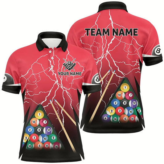 Goofygearprints Personalized Thunder Billiards 3D Red Polo Shirts For Men, Custom 8 Ball Pool Billiards Jerseys Style 2