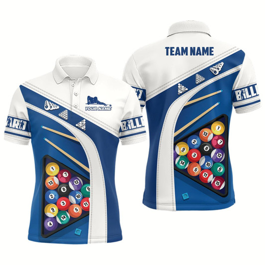 Goofygearprints Personalized Blue White Billiard Balls 3D Polo Shirts For Men, Custom 8 Ball Billiards Jerseys