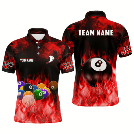 Goofygearprints Personalized Billiard Balls Flame Billiard Red 3D Polo Shirts For Men, Custom 8 Ball Pool Jerseys Style 1