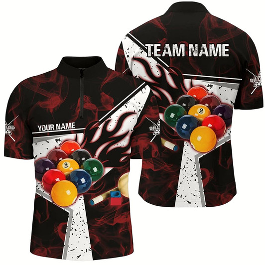 Goofygearprints Red Smoke Billiard Jersey Men Quarter-Zip Shirt, Billiard Balls Custom Pool Player Shirts