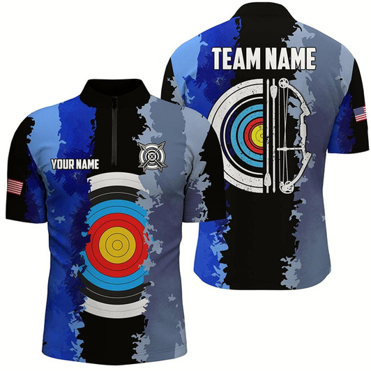 Goofygearprints Blue Jerseys Archery Target 3D Men Quarter-Zip Shirts Custom Team League Archery Shirts