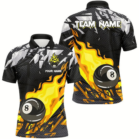 Goofygearprints Yellow 8 Ball Fire Flame Grunge Pattern Custom Billiard Shirts For Men, 8 Ball Pool Jerseys Outfit Style 3