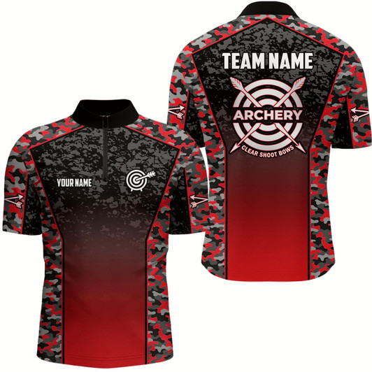 Goofygearprints Personalized Camo Red Archery Quarter-Zip Shirts For Men, Archery Jerseys Custom Archery Team Shirt Style 1