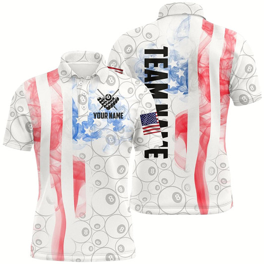 Goofygearprints Personalized Vintage Smoke White Us Flag Billiard Polo Shirts For Men, 8 Ball Pool Team Jerseys Style 3