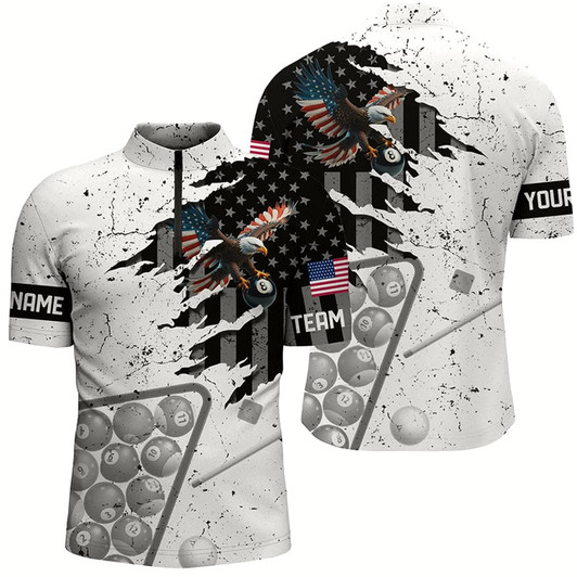 Goofygearprints Customized Eagle Retro Us Flag Men Billiard Quarter-Zip Shirt, Patriotic Pool Player Shirts Style 2