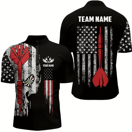 Goofygearprints American Flag Skull Darts Quarter Zip Shirt Patriotic Darts Shirts For Men Dart Jersey