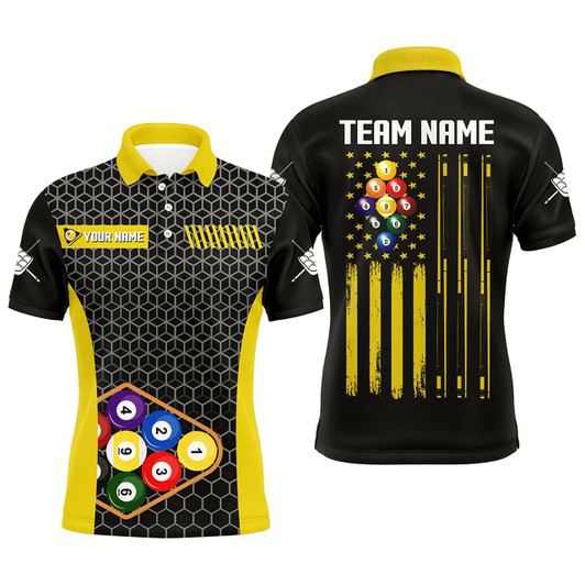 Goofygearprints Personalized Retro Us Flag 9 Ball Pool Billiard Shirts For Men Custom Yellow Black Billiard Jerseys