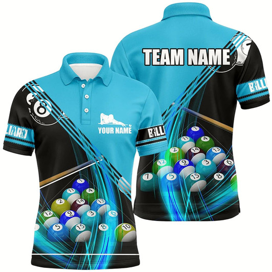 Goofygearprints Personalized Billiard Balls Blue 3D Polo Shirts For Men, Custom Player Billiards Pool Jerseys