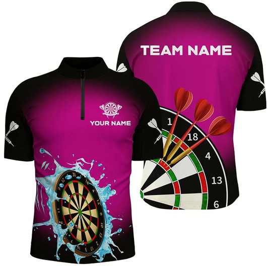 Goofygearprints Dartboard In Splashing Water Pink Men Darts Quarter-Zip Shirts Custom Funny Darts Shirts