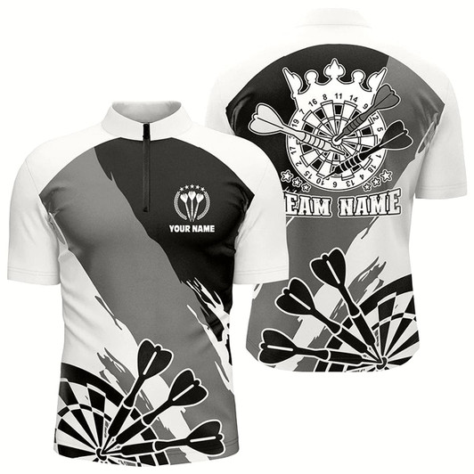 Goofygearprints Personalized Black White Darts Quarter Zip Shirt Custom Dart Shirt For Men Darts Jersey
