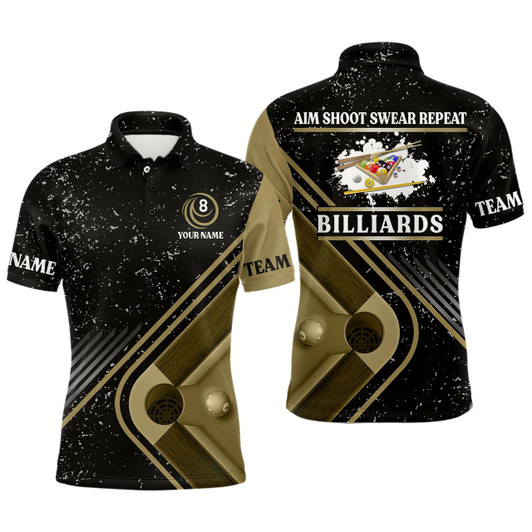 Goofygearprints Billiard Aim Shoot Swear Repeat Custom Billiard Black Grunge Polo Shirts For Men, Billiard Jerseys