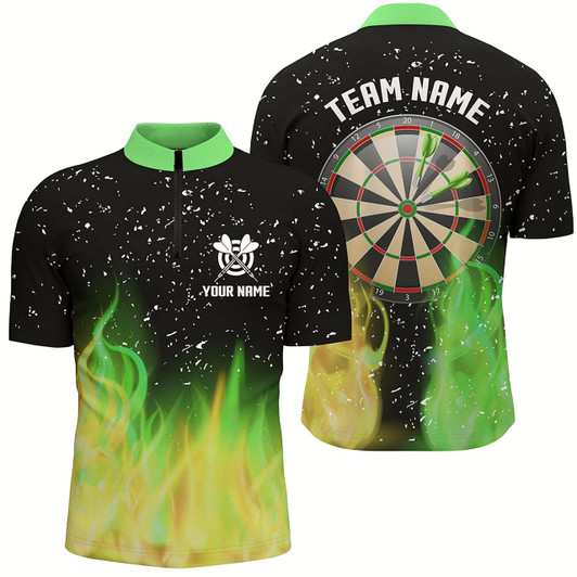 Goofygearprints Green And Yellow Fire Dartboard Men Darts Quarter-Zip Shirts Custom Dart Jerseys For Team