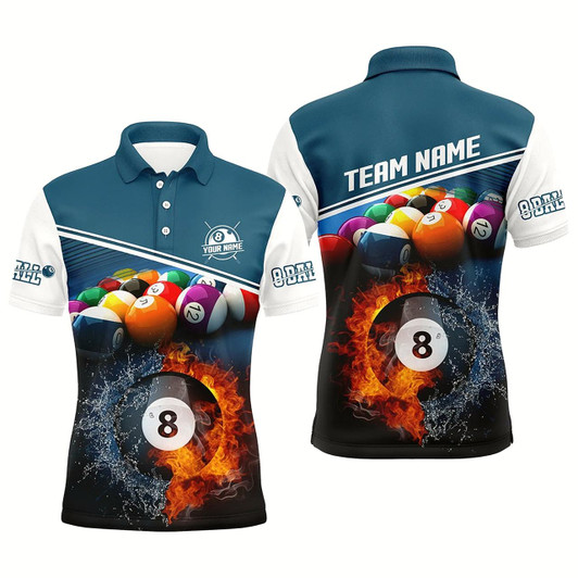 Goofygearprints Personalized Fire And Water 8 Ball Billiards Blue 3D Polo Shirts For Men, Custom Billiards Jerseys Style 2