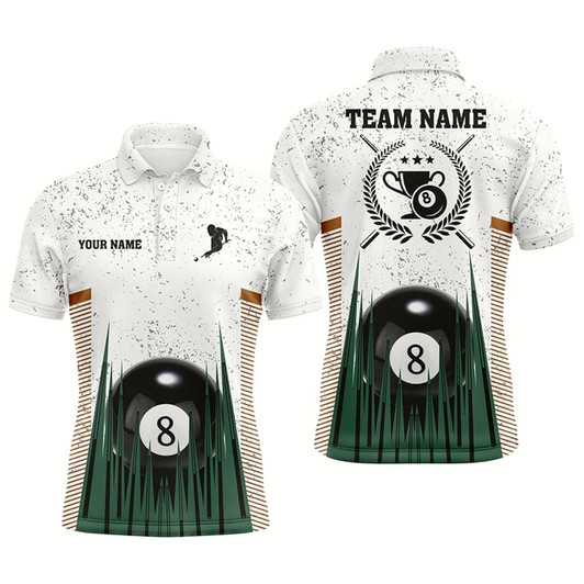 Goofygearprints Personalized 8 Ball Pool White Grunge Polo Shirts For Men, 8 Ball Trophy Emblem Billiard Jerseys Style 1