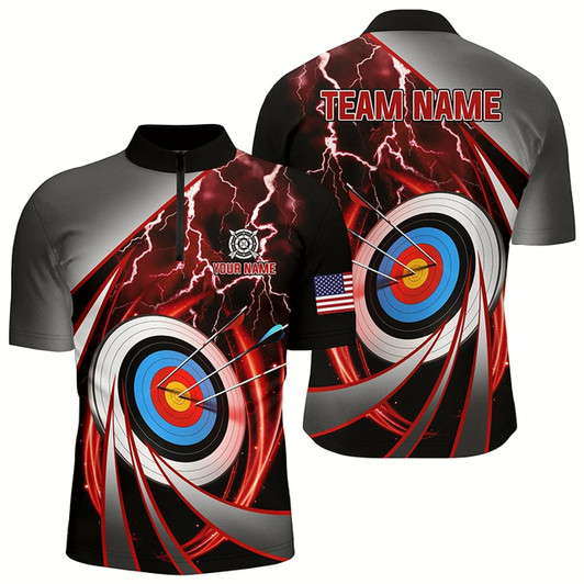 Goofygearprints Red Archery 3D Target Lightning Custom Men Quarter-Zip Shirts, Team League Archery Shirts Style 1