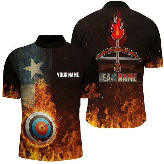 Goofygearprints Personalized Texas Flag Flaming Target Archery 3D Quarter-Zip Shirts For Men, Arrow Archery Jerseys