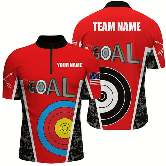 Goofygearprints Customized Name Red Archery Goal Men Quarter-Zip Shirts, 3D Target Archery Jerseys For Team Style 1