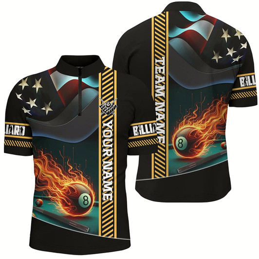 Goofygearprints Custom Us Flag Flame 8 Ball Pool Men Quarter-Zip Shirts, Patriotic Billiard Attire Jerseys Style 2