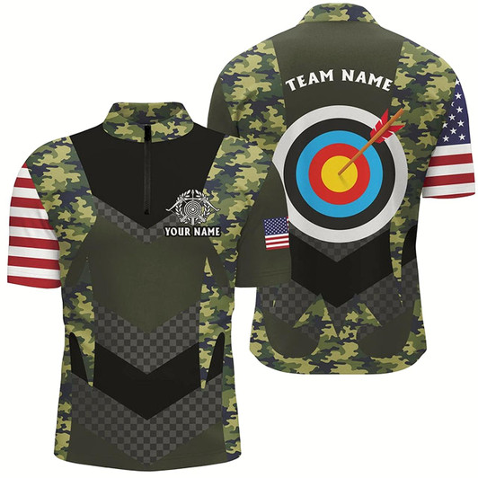 Goofygearprints Personalized Us Flag Camouflage Target Archery 3D Quarter-Zip Shirts For Men, Archery Team Jerseys Style 2