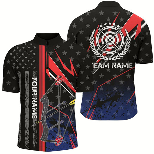Goofygearprints Personalized Archery Quarter-Zip Shirts For Men, Patriotic Us Flag Bow Arrows Archery Shirts