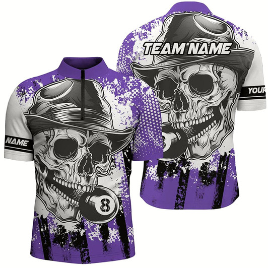 Goofygearprints Purple Billiard Skull Holding 8 Ball Men Quarter-Zip Shirts Custom Billiard Jersey Attire