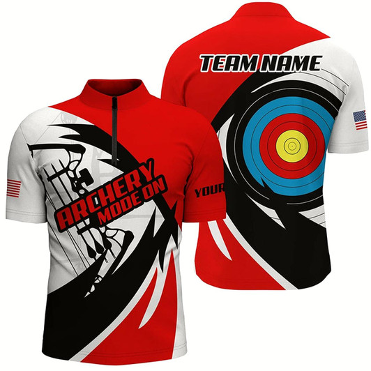 Goofygearprints Personalized Name Red Archery Jerseys Quarter-Zip Shirts For Men Custom Archery Bow Shirts