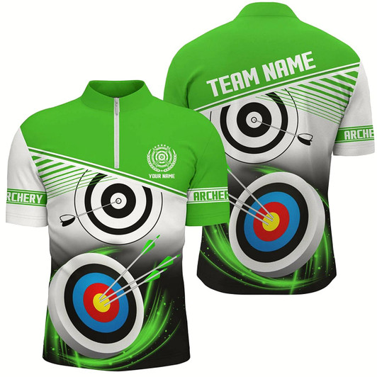 Goofygearprints Personalized Name Archery Quarter-Zip Shirts For Men Custom Green Archery 3D Target Shirts Style 2