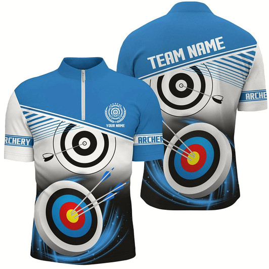 Goofygearprints Personalized Name Archery Quarter-Zip Shirts For Men Custom Blue Archery 3D Target Shirts Style 2