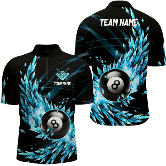 Goofygearprints 3D Blue Frozen Ice Men Billiard Quarter-Zip Shirts Custom 8 Ball Billiard Attire Jerseys Style 2