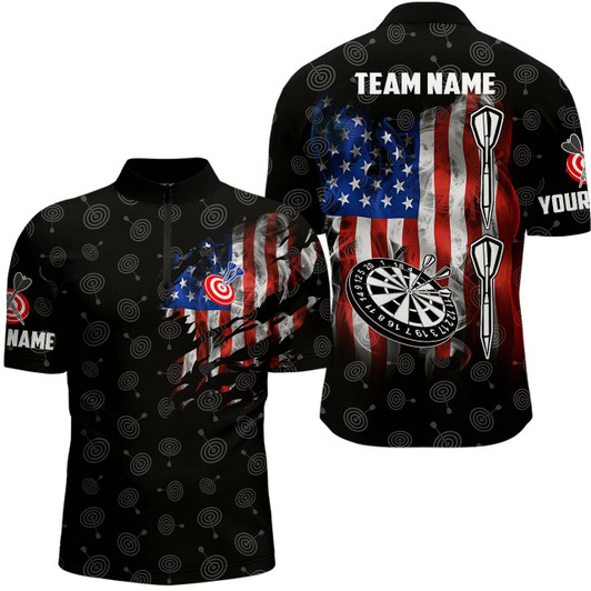 Goofygearprints Smoke American Flag Darts Quarter-Zip Shirt Custom Patriotic Mens Darts Shirt Dart Jerseys