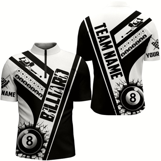 Goofygearprints Custom Black White Cracky Billiard 8 Ball Pool Men Quarter-Zip, Unique Pool Balls Shirts Style 1