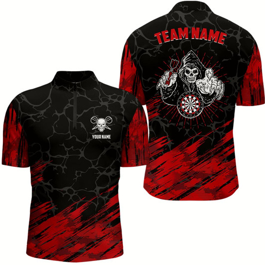 Goofygearprints Personalized 3D All Over Print Skull Darts Quarter Zip Shirt Red Black Dart Jersey For Men