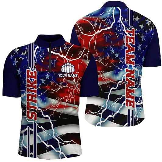 Goofygearprints Custom American Flag Lightning Strike Bowling Shirts For Team, Patriotic Unisex Bowling Jerseys Style 3