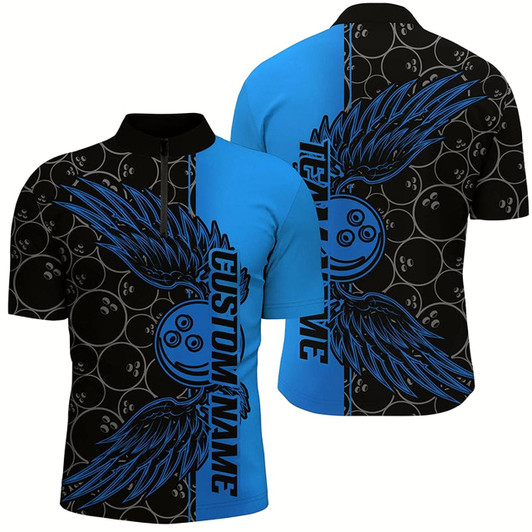 Goofygearprints Black And Blue Custom Unisex Bowling Tournament Team Shirts, Bowling Ball And Wings Jerseys