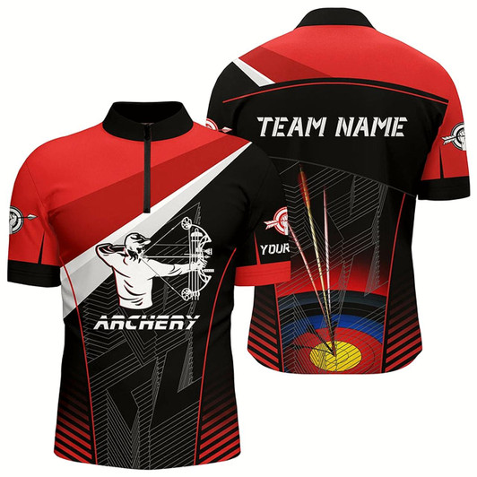 Goofygearprints Personalized Red Black Archery Target Name Men Quarter-Zip Shirts Archery Jerseys For Team