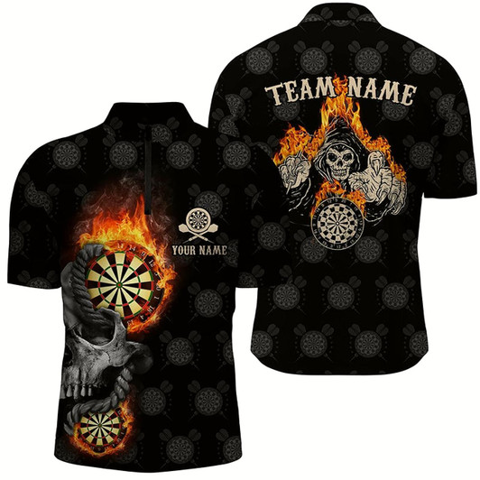 Goofygearprints Personalized Darts Flame Skull Reaper Quarter-Zip Shirts Custom Crazy Darts Jersey For Men