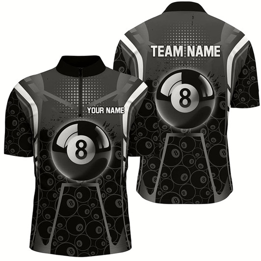 Goofygearprints Personalized White Black 8 Ball Billiard 3D Quarter-Zip Shirts For Men, 8 Ball Pool Pattern Jerseys