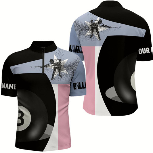 Goofygearprints Personalized Texas Flag 8 Ball Pool Billiard Quarter-Zip Shirts For Men, Custom Billiards Jerseys