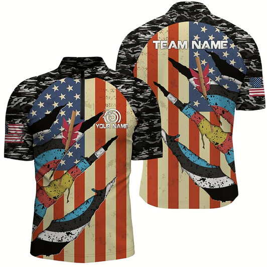 Goofygearprints Personalized Retro Camo Target Archery 3D Quarter-Zip Shirts For Men Custom Us Flag Archery Jerseys Style 3