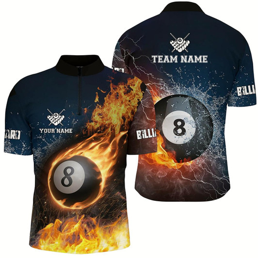 Goofygearprints Personalized Billiard 8 Ball Fire And Water 3D Quarter-Zip Shirt For Men, Custom Billiards Jerseys